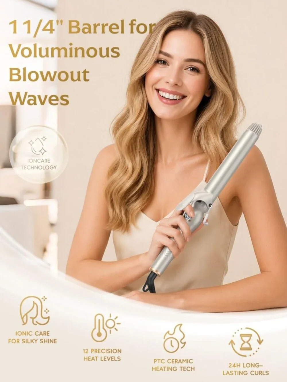 1.25 Inch Ceramic Curling Iron - Loose Curls, Dual Voltage, Perfect for Medium